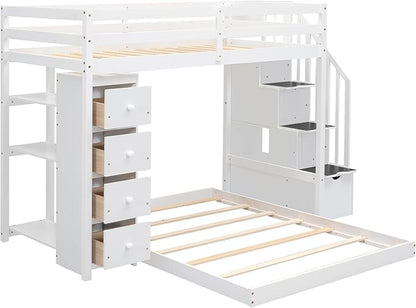 Twin Over Full Bunk Bed with 3-Layer Shelves,Wood L-Shape High Loftbed Frame W/ 4 Drawers & Storage Stairs,No Box Spring Required,Slats Support,for Kids Teens Adults,White
