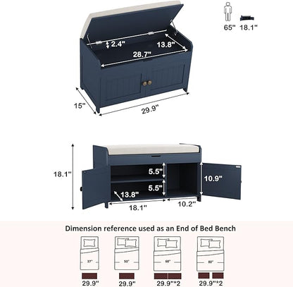 HOMEFORT 30" Shoe Bench with Lift Top Storage, Entryway Bench with Cushioned Seat, Wooden End of Bed Bench, Shoe Cabinet Bench with Hidden Storage Space, for Bedroom, Hallway, Blue