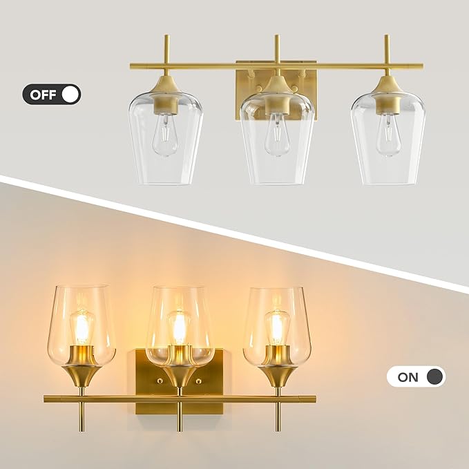 VONLUCE Bathroom Vanity Light, 3 Light Bathroom Light Fixture Over Mirror, Bathroom Wall Lamp with Clear Glass, Modern Gold Vanity Lighting fixtures for Bathroom, Bedroom, Hallway