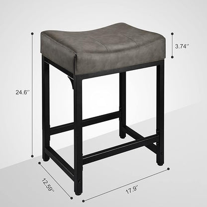 Counter Height Bar Stools Set of 2, 24 Inch Stools for Kitchen Counter with Thick Saddle Seats and Barstools Metal Frame, Modern Backless Counter Height Stool for Kitchen Island Bar Grey
