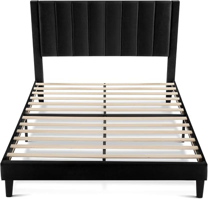 SHA CERLIN Full Bed Frame/Velvet Upholstered Platform Bed Frame with Headboard/Strong Wood Slats Support/Mattress Foundation/No Box Spring Needed - Black