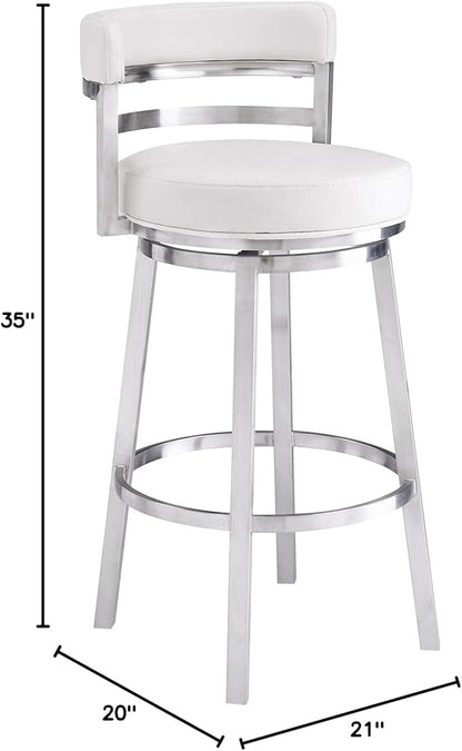 Armen Living Madrid 26" Counter Height Swivel Modern White Faux Leather and Brushed Stainless Steel Bar Stool