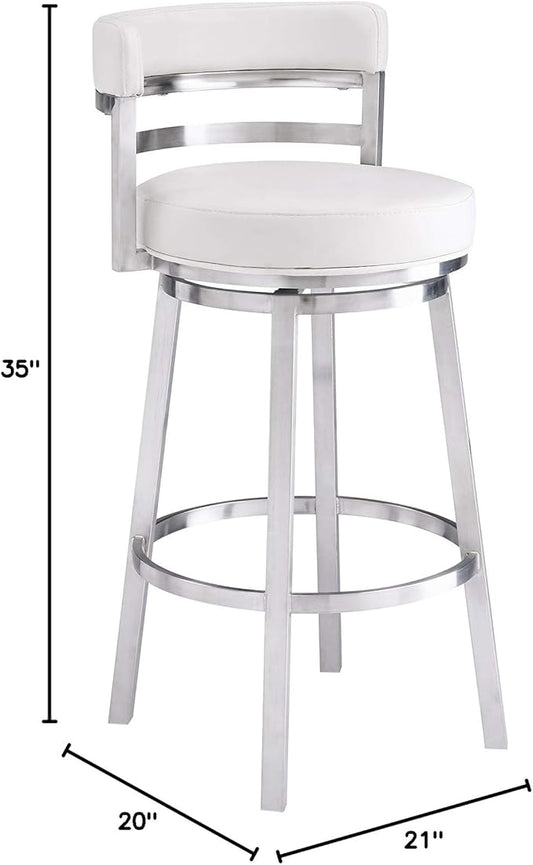 Armen Living Madrid 26" Counter Height Swivel Modern White Faux Leather and Brushed Stainless Steel Bar Stool
