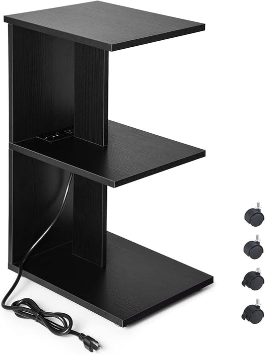 ZGREN End Table with Charging Station, Narrow Side Tables for Small Spaces USB Ports and Outlets Rolling Bedside Nightstand Sofa Couch Slim Shelf Night Stand Living Room, Bedroom, Black