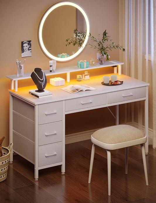 Seventable Computer Desk with Power Outlets & LED Light, 55 inch Home Office Desk with 5 Drawers, Writing Desk with Monitor Stand, Work Desk for Home Office, White