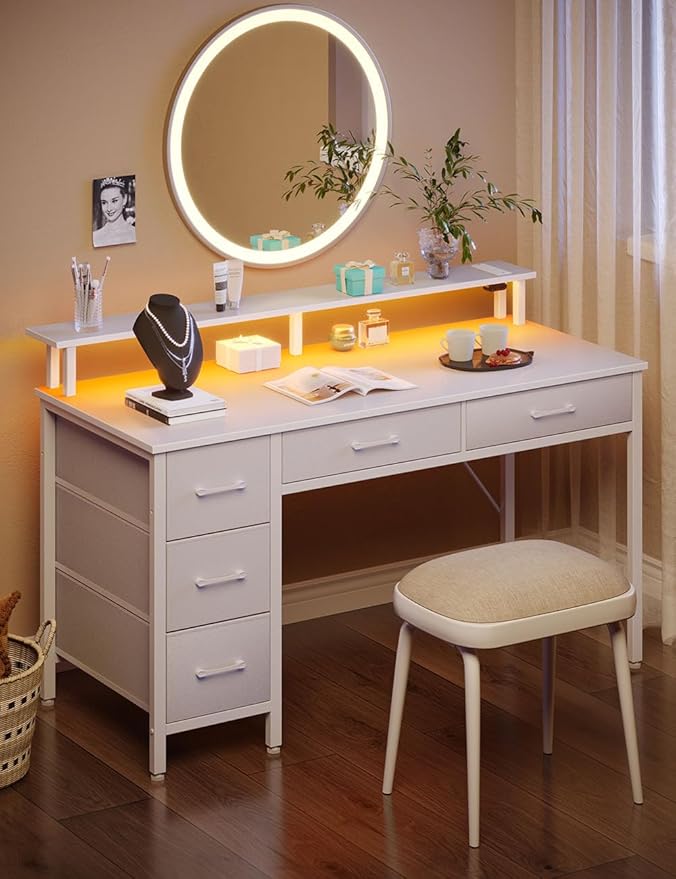 Seventable Computer Desk with Power Outlets & LED Light, 47 inch Home Office Desk with 5 Drawers, Writing Desk with Monitor Stand, Work Desk for Home Office, White