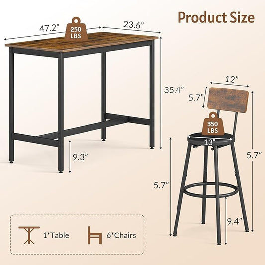 Rovibek Dining Table Set for 6, Bar Table and Chairs Set, Modern 6 Piece High Top Table and Chairs, Industrial Bar Height Pub Tables for Kitchen, Dining Room, Brown