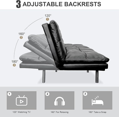 Vipbear Futon Sofa Bed Couch, 71" Convertible Sofa Bed, Space-Saving Loveseat with Adjustable Backrest & Armrest for Living Room,Apartment,Office,Matte Black Sleeper Sofa