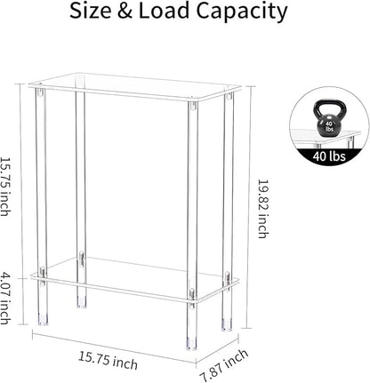 Clear Acrylic Narrow Side Table for Small Spaces, 15.75" L x 7.87" W x 19.82" H, 2 Tier Rectangle Slim End Table Nightstand, Small Skinny Bedside Table for Bedroom, Bathroom, Living Room