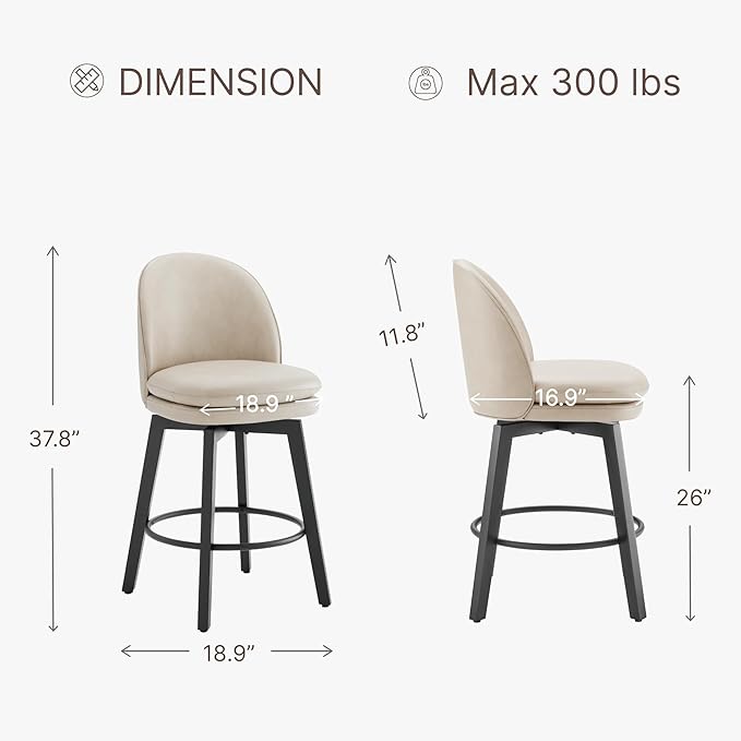 Counter Height Barstools 26 inch Upholstered Swivel Bar Stools with Back and Wood Legs for Kitchen Island,Set of 1,Beige PU Leather-Armless