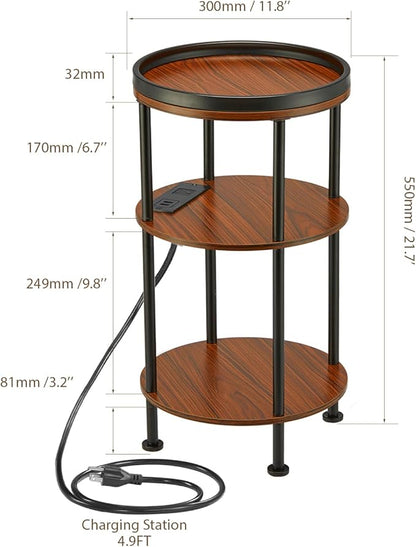 Small Round Side Table with Charging Station for Small Spaces, 3-Tier Accent Table with USB Ports & Power Outlets, Sofa Corner Tea Table for Living Room Nightstand Bedroom Apartment (USB, Cherry)