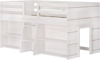 Max & Lily Modern Farmhouse Low Loft Bed, Twin Bed Frame for Kids with 2 Bookcases, White Wash
