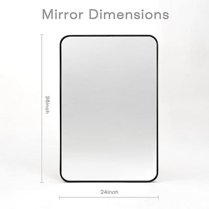 Wall Mount Mirror for Bathroom, Brushed Black Metal Framed Rounded Corner Rectangular Vanity Mirror (24" x 36", Black)