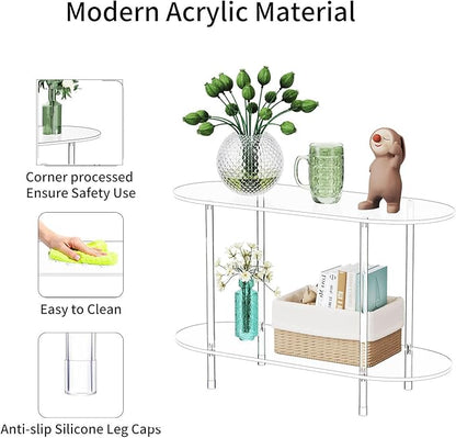 Clear Acrylic Console Table, 31.5" L x 11.8" W x 20" H, 2 Tier Oval Small Transparent Storage shelf Side End Sofa Entry Entryway Table for Sofa, Foyer, Hallway, Living Room