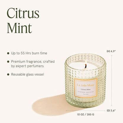 LA JOLIE MUSE Citrus Mint Candle, Summer Candles for Home Scented, Luxury Eucalyptus Candles Gifts for Women & Men, Natural Soy Wax, 75 Hours 10 OZ