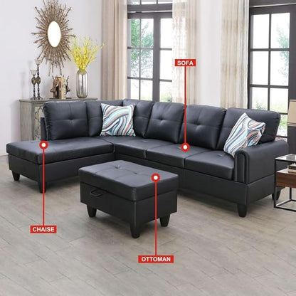 Black White L-Shaped 3-Piece Faux Leather Sofa with Storage Ottoman Set, Sectional Couch Sofa Set for Living Room, Office, Small Space