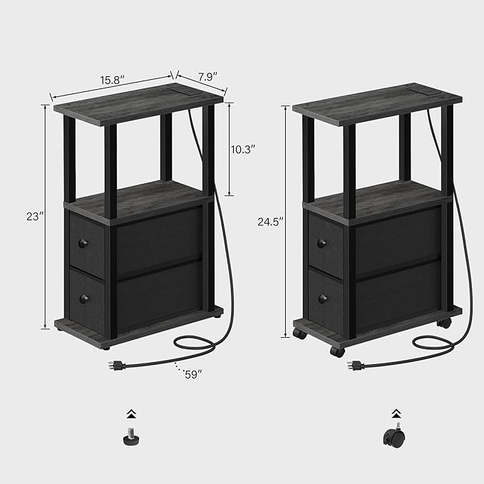 TUTOTAK Small Narrow End Tables, LED Side Tables with 2 Fabric Drawers, Set of 2, Bedside Tables with Charging Station for Small Spaces, Slim Nightstands with USB Ports and Wheels, TB01BY053L