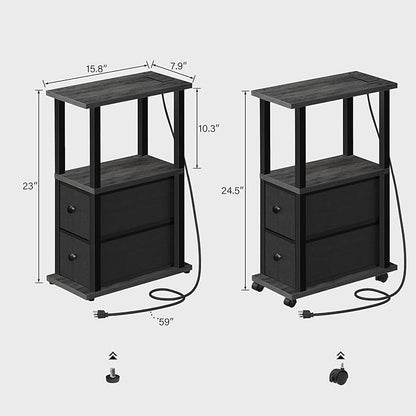 TUTOTAK Small Narrow End Tables, Side Tables with 2 Fabric Drawers, Set of 2, Bedside Tables with Charging Station for Small Spaces, Slim Nightstands with USB Ports and Wheels, TB01BY053