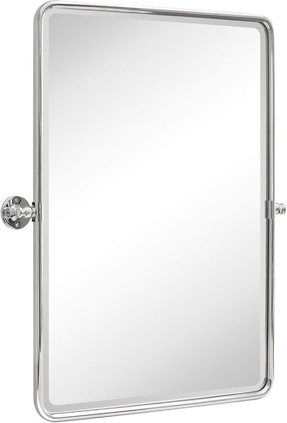 TEHOME 27 x 35'' Farmhouse Chrome Metal Framed Pivot Rectangle Bathroom Mirror Tilting Beveled Vanity Mirrors for Wall