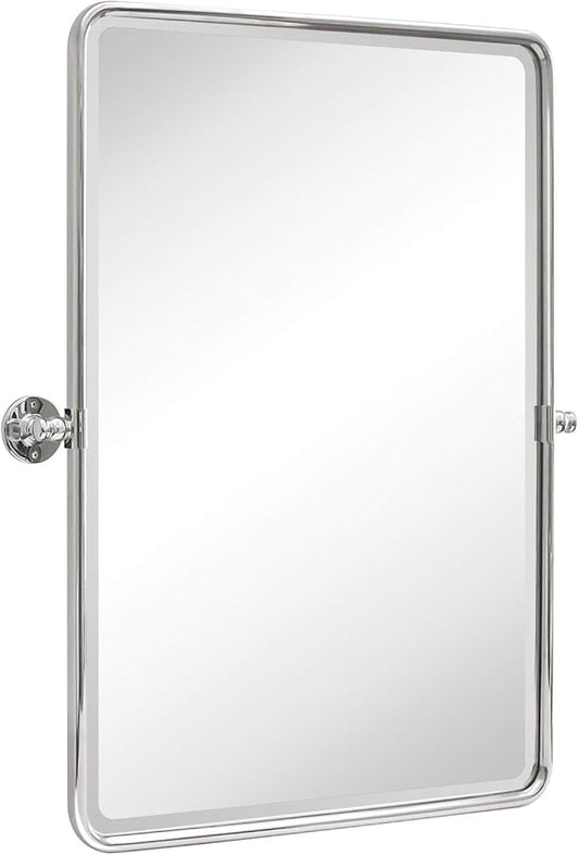 TEHOME 27 x 35'' Farmhouse Chrome Metal Framed Pivot Rectangle Bathroom Mirror Tilting Beveled Vanity Mirrors for Wall