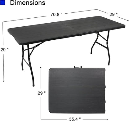 70.8" W X 29" D X 29" H - 6 ft Folding Table Black Wood Grain Portable Heavy Duty Plastic Fold-in-Half Utility Foldable Table for Camp，Picnic & Party