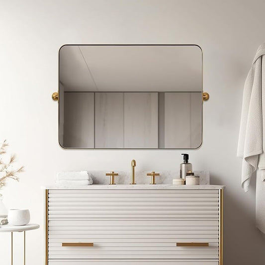 MOON MIRROR 30" x 22" Brushed Gold Rectangle Bathroom Mirror, Tilting Rounded Rectangular Metal Framed Pivot Wall Mirror, Hangs Horizontally Only(Overall 33.75" x 22")