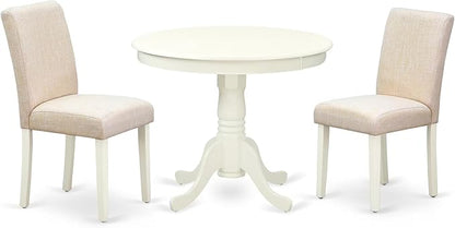 East West Furniture ANAB3-LWH-02 3 Piece Dinette Set for Small Spaces Contains a Round Kitchen Table with Pedestal and 2 Light Beige Linen Fabric Parson Chairs, 36x36 Inch, Linen White