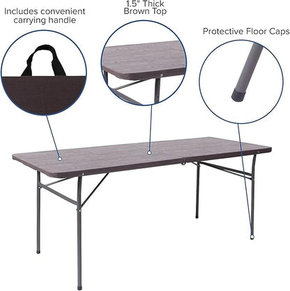 Flash Furniture Elijah 6-Foot Bi-Fold Brown Wood Grain Plastic Folding Table with Carrying Handle