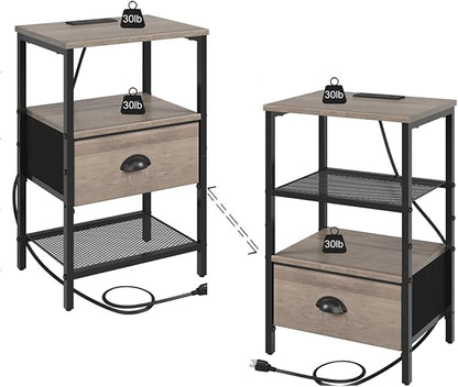 Nightstands Set of 2, Night Stands with Charging Station and Fabric Drawer, Grey Bedside Tables with Drawer, 2- Tier Side Table with Storage, Nightstands with Charging Station,Grey