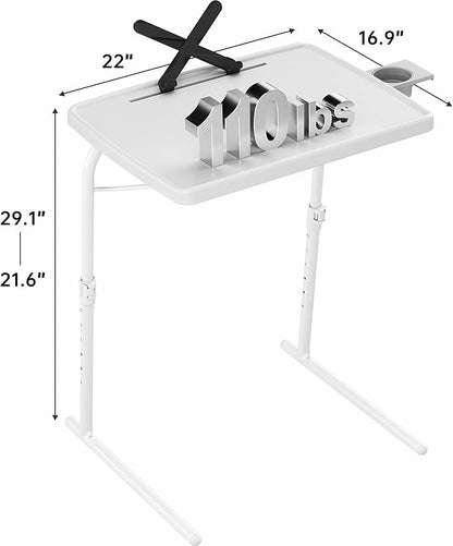 Allpop X TV Tray Table, TV Dinner Tray for Eating, Large Adjustable Folding Laptop Table with Book Stand, Cup Holder & Tablet Slot on Couch & Bed with 6 Heights & 3 Tilt Angles, White