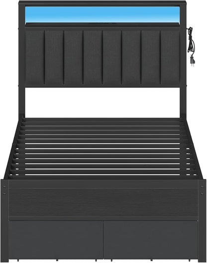 Furnulem Twin Bed Frames with Charging Station and LED Lights, Grey Upholstered Headboard with Shelves, Metal Platform Bed with 2 Under-Bed Storage (Fabric Drawer on Wheels), No Box Spring Needed