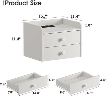 Floating Nightstand Set of 2 with 2 Storage Drawers and Charging Station Wood Wall Mounted Bedside End Table Modern Night Stands Set 2 for Bedroom,Small Space,White