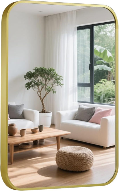 24x36 Inch Bathroom Mirror for Wall,Matte Gold Framed Rectangle Mirror with Rounded Corner,Aluminum Alloy Framed Brushed Wall Mirror for Bedroom or Living Room,Vertical or Horizontal