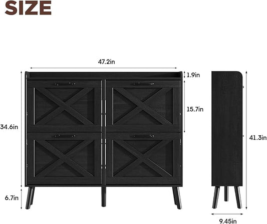 Maupvit Large Shoe Storage Cabinet with 4 Flip Drawers, Narrow Shoe Cabinet for Entryway with Wooden Legs, Freestanding Hidden Shoe Rack Organizer ＆ Metal Hinges, Black