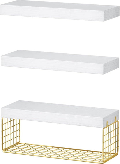 QEEIG Bathroom Shelves Over Toilet - Wall Mounted Floating Shelves Toilet Paper Storage Small Modern Decor Shelf 16 inch Set of 3, White and Gold (019-WG3)