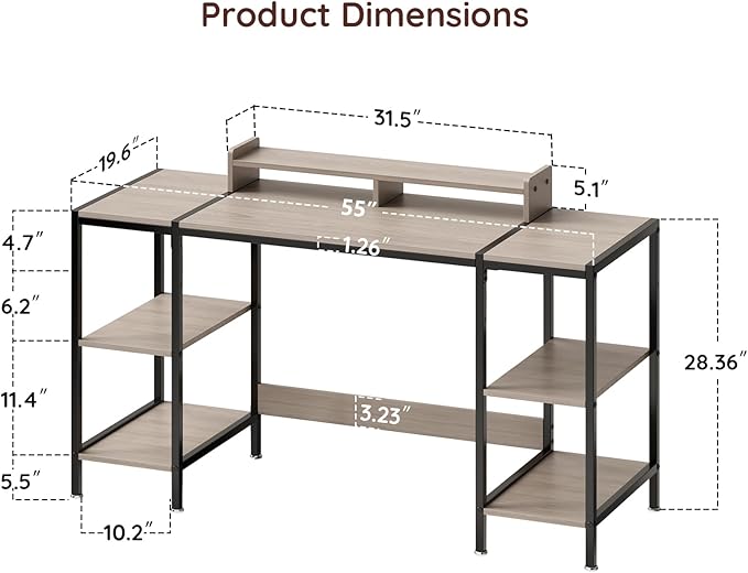 Computer Gaming Desk with Monitor Stand, Home Office Desk Suitable for 2 Monitors, Writing Desk with Adjustable Storage Space,Sturdy and Durable Modern Small Desk (Grey, 55 inchs)