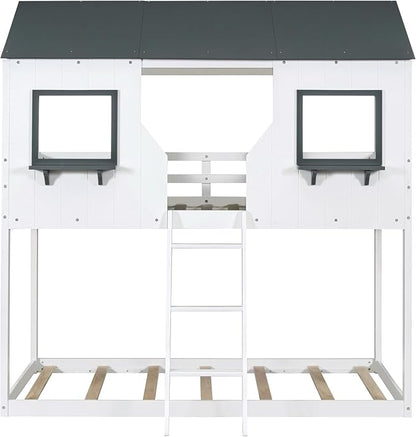 Ball & Cast Twin Over Twin Size Playhouse Bunk Bed with Roof and Window,Wood Bunkbed w/Full-Length Guard Rail & Ladder,Slat Support,Space Saving,Bedroom Furniture for Student Dorms,White