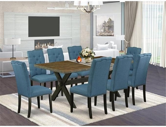 East West Furniture X677EL121-9 9 Piece Modern Dining Table Set Includes a Rectangle Wooden Table with X-Legs and 8 Blue Linen Fabric Parson Dining Room Chairs, 40x72 Inch, Multi-Color