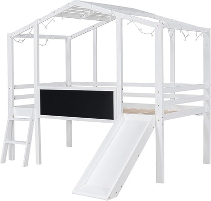Ball & Cast Twin Size House Loft Bed with Ladder and Slide,Wood Bunkbed w/Blackboard and Light Strip on The Roof,Slat Support,Space Saving,Bedroom Furniture for Student Dorms,White