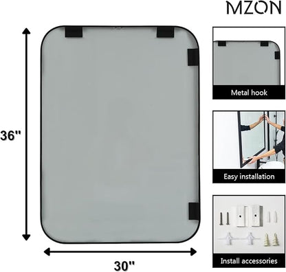MZON 30x36 Inch Matte Black Wall Mirror, Large Rounded Rectangle Mirror for Living Room or Bathroom, Anti-Rust Frame & Tempered Glass, Horizontal/Vertical Mount - Luxe & Modern Wall Decor