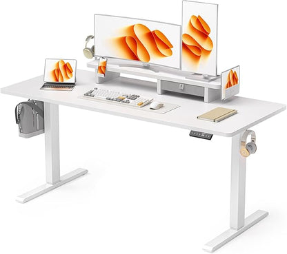 63x24 Inches Electric Standing Desk with Drawer and Monitor Stand, Height Adjustable Sit to Stand up Desk for Home Office, Ergonomic Computer Table with Phone Holder, 3 Hooks, White