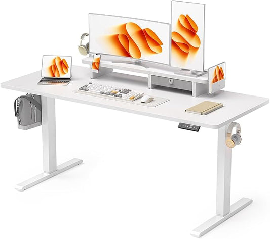 63x24 Inches Electric Standing Desk with Drawer and Monitor Stand, Height Adjustable Sit to Stand up Desk for Home Office, Ergonomic Computer Table with Phone Holder, 3 Hooks, White