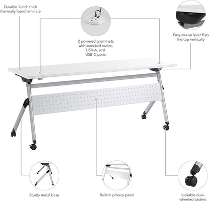 Bush Business Furniture Folding Training Table, 72 inch Desk with Powered Grommets, Commercial-Grade Bundle for Office or Classroom, Envision Collection, White