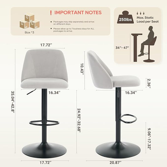COLAMY Bar Stools Set of 6, Modern Swivel Bar Chairs, Adjustable Upholstered Barstools Counter Height with Full Backrest for Bar, Dining Room, Kitchen Island, Grey