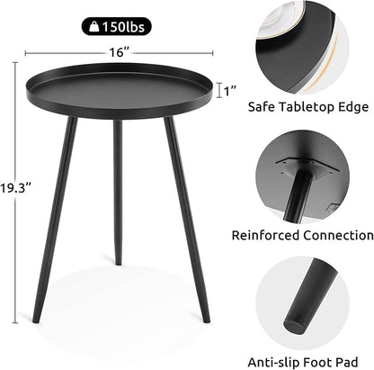 Apicizon 16" Round Side Table, Black End Table for Living Room, Bedside, Mid Century Modern Coffee Table or Circle Accent Table for Small Spaces, Metal Nightstand (Black)