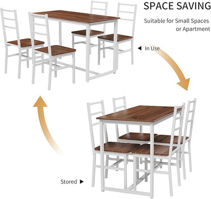 5-Piece Dining Table Set with 4 Chairs, 47.2" Kitchen Table Chairs Set of 4, Rectangular Industrial Style Dining Room Table Set with Backrest, Perfect for Small Space, Brown+White