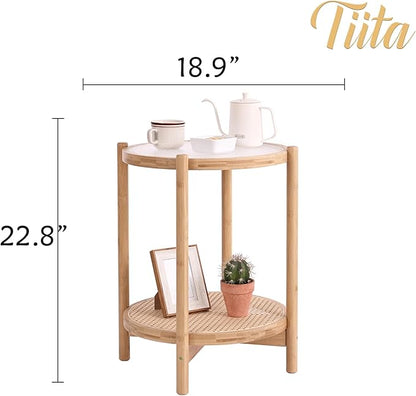 Tiita Rattan Nightstand Side Table, Bamboo Accent Bedside Tables, Glass Coffee Tables, Boho Wooden End Table with Storage for Small Space, Living Room and Bedroom