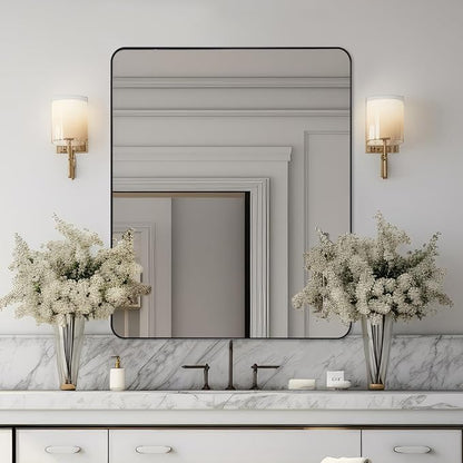 Black Mirrors for Bathroom, 30"x36" Rounded Corner Rectangle Mirror, Modern Metal Frame Bathroom Vanity Mirror for Home Decor Living Room Entryway (Horizontal/Vertical)