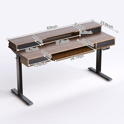 Standing Desk, 63" Adjustable Desk, Multifunctional Electric Standing Desk with 4 Drawers, Ergonomic Height Adjustable Desk with Keyboard Tray, Rustic Brown