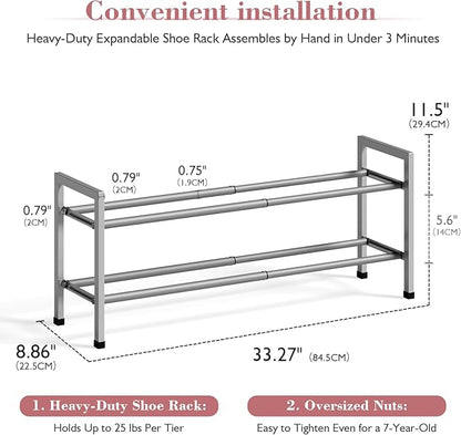 Bumusty 2 Tier Expandable Shoe Rack for Closet, 18“-33” Adjustable Shoe Rack for Small Space, Small Shoe Organizer for Front Door, Sturdy Metal, Light Grey